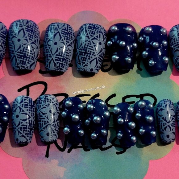 Blue and White Lace with Pearl like Rhinestones Short Coffin Press on Nails - Picture 2 of 3